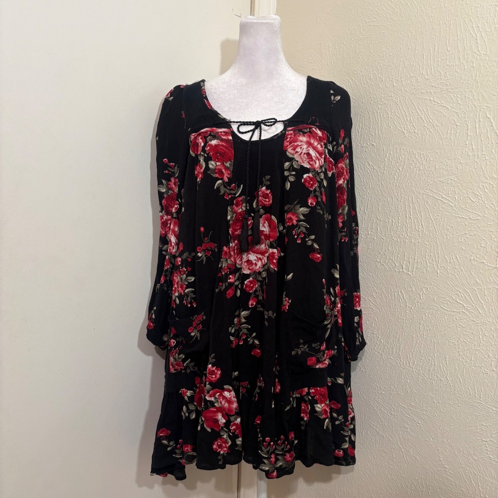 Altar'd State Black Red Floral Boho Tassel Long Sleeve Babydoll Dress Small